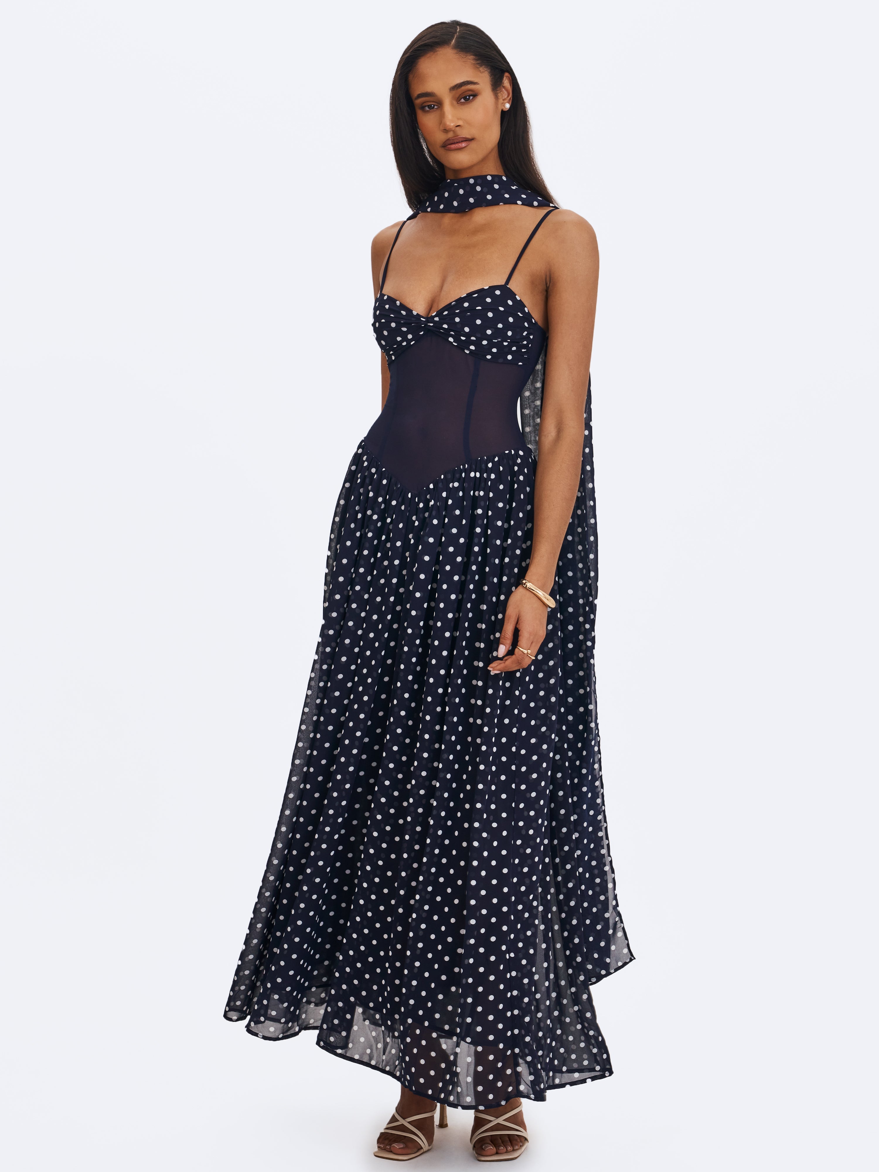 Juliette Navy Blue Polka Dot Chiffon Maxi Dress
