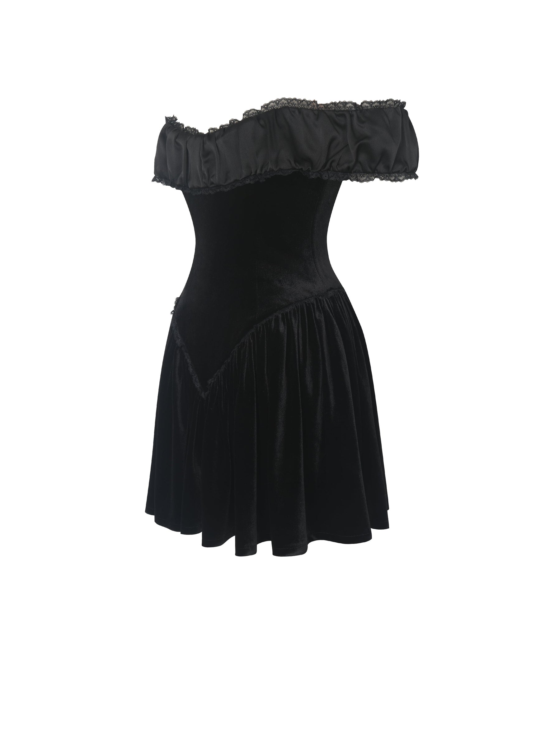 Daisha Black Lace Trimmed Off-Shoulder Ruched Mini Dress Miss Circle