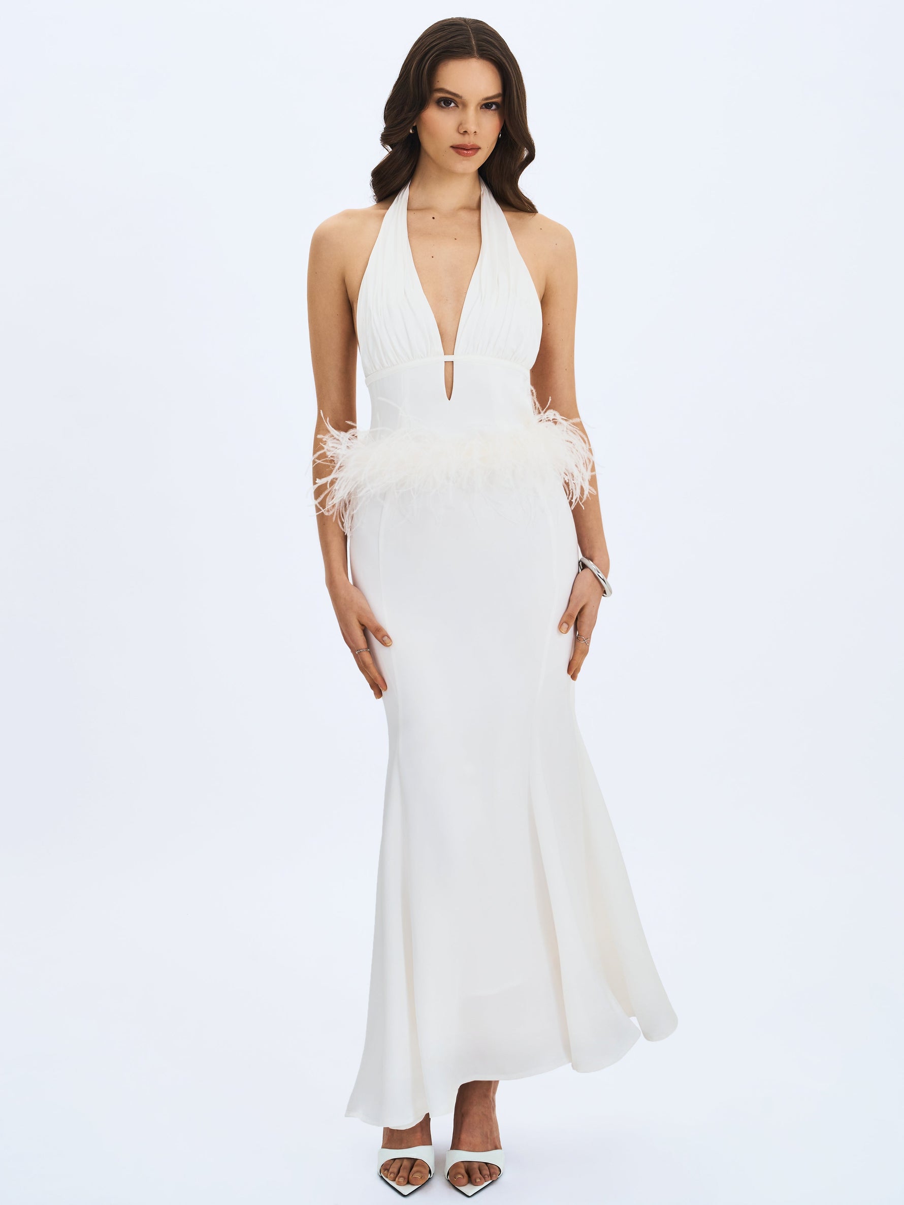 Solene Pleated Halter Backless Feather-Trim Maxi Dress Miss Circle