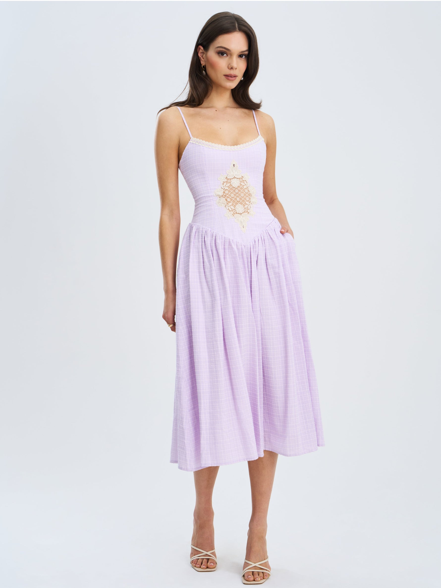 Jaclyn Lavender Lace Trim Cutout Seersucker Midi Dress