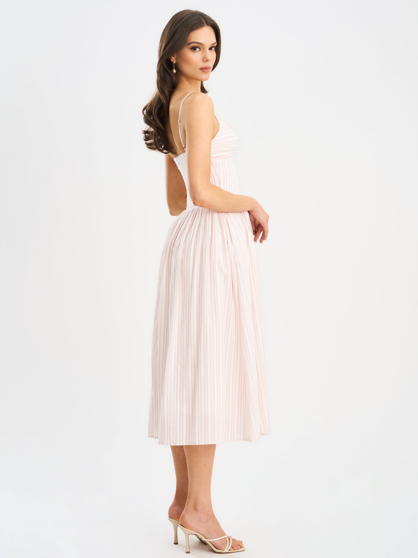 Zania Pink Stripe Ruched Breast Cotton Jacquard Midi Dress Miss Circle