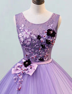 Plus Size Lavender Tulle Evening Gown | Boat Neck Lace Applique Prom Dress