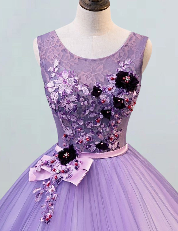 Plus Size Lavender Tulle Evening Gown | Boat Neck Lace Applique Prom Dress