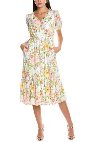 Tahari ASL V-Neck Short Sleeve A-Line Elastic Waist Multi Print Polyester Dress - By Baano