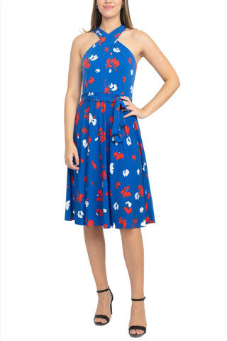 Tahari ASL Crossed Neck Sleeveless Tie Waist Zipper Back Multi Print Jersey Dress - By Baano