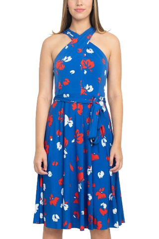 Tahari ASL Crossed Neck Sleeveless Tie Waist Zipper Back Multi Print Jersey Dress - By Baano