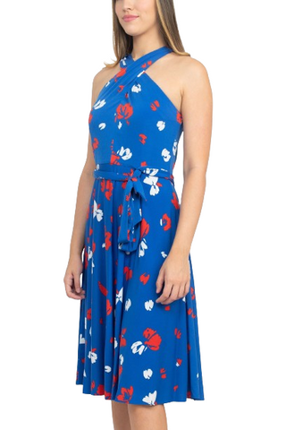 Tahari ASL Crossed Neck Sleeveless Tie Waist Zipper Back Multi Print Jersey Dress - By Baano