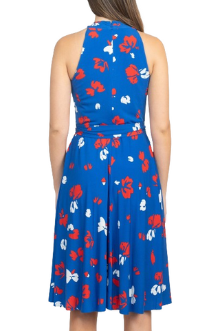 Tahari ASL Crossed Neck Sleeveless Tie Waist Zipper Back Multi Print Jersey Dress - By Baano