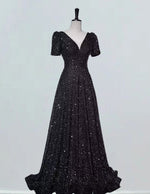 Women's Velvet Sequined V-Neck Prom Dress | Elegant Evening Gown with Sleeves