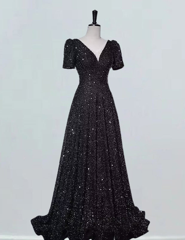 Women's Velvet Sequined V-Neck Prom Dress | Elegant Evening Gown with Sleeves