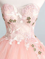 Women's Pink Strapless Tulle Ball Gown | Lace Applique Fairy Prom Dress