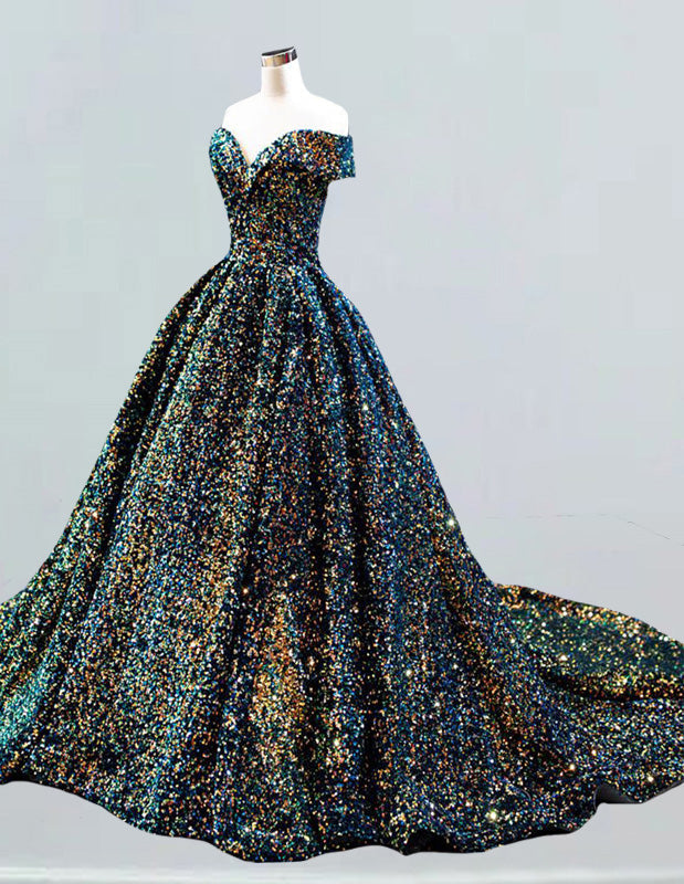 Color velvet sequin off the shoulder long train ball gown prom dress