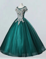 Green Lace Applique Prom Gown | Boat Neck Princess Evening Dress
