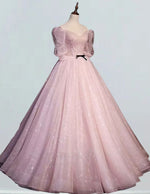 Women's Pink Tulle V-Neck Prom Dress Ball Gown