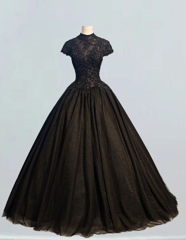 Black high collar beading lace applique wedding ball gown bridal prom dress