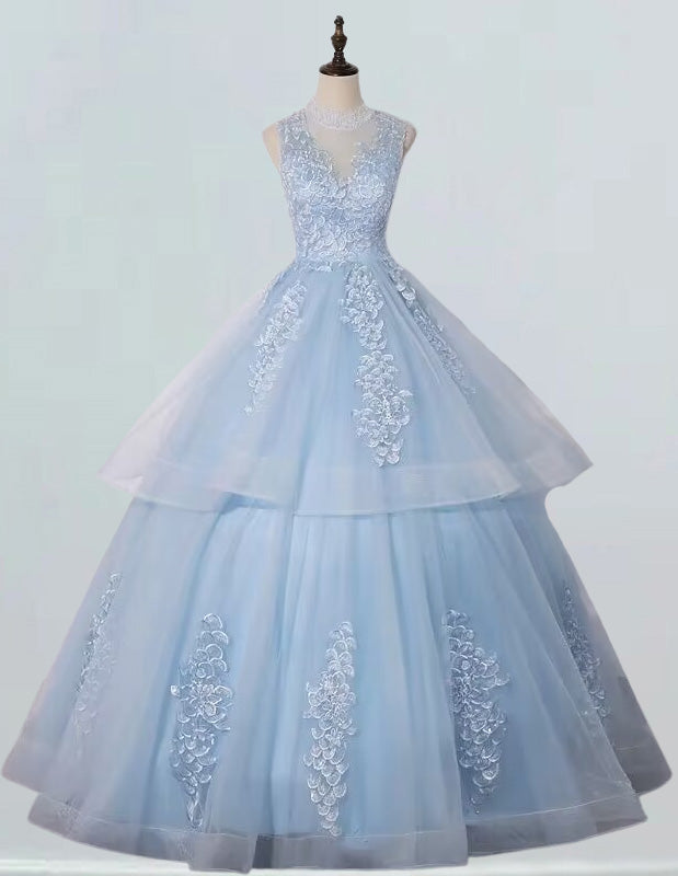 Blue high collar lace applique long ball gown formal dress