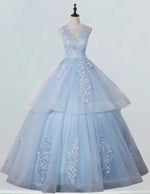 Blue high collar lace applique long ball gown formal dress