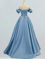 Elegant Satin Off-Shoulder V-Neck Prom Dress | Evening Ball Gown with Sleeves
