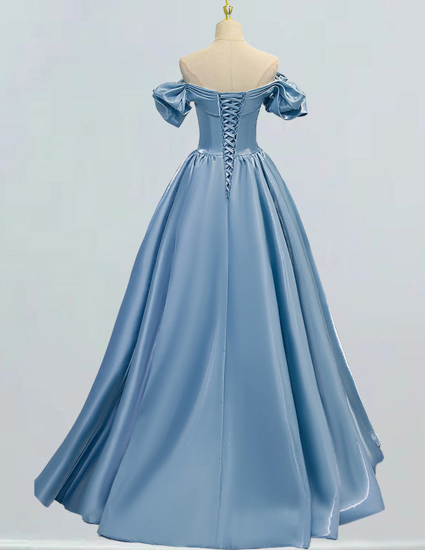 Elegant Satin Off-Shoulder V-Neck Prom Dress | Evening Ball Gown with Sleeves