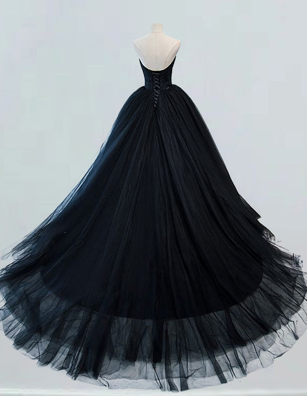 Black strapless tulle chapel train ball gown princess wedding bridal dress fairy a line prom dress