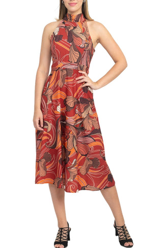 Tahari ASL Halter Tie Neck Sleeveless Multi Print Fit & Flare Satin Dress - By Baano