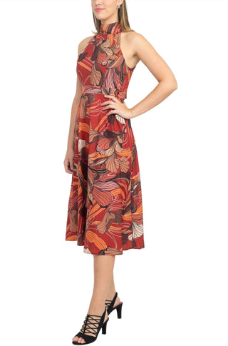 Tahari ASL Halter Tie Neck Sleeveless Multi Print Fit & Flare Satin Dress - By Baano