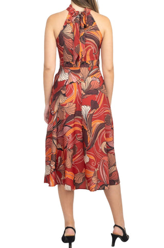 Tahari ASL Halter Tie Neck Sleeveless Multi Print Fit & Flare Satin Dress - By Baano