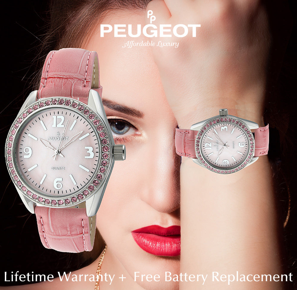 Women's Pink Watch 40mm Bold Crystal Bezel Leather Strap Peugeot Watches