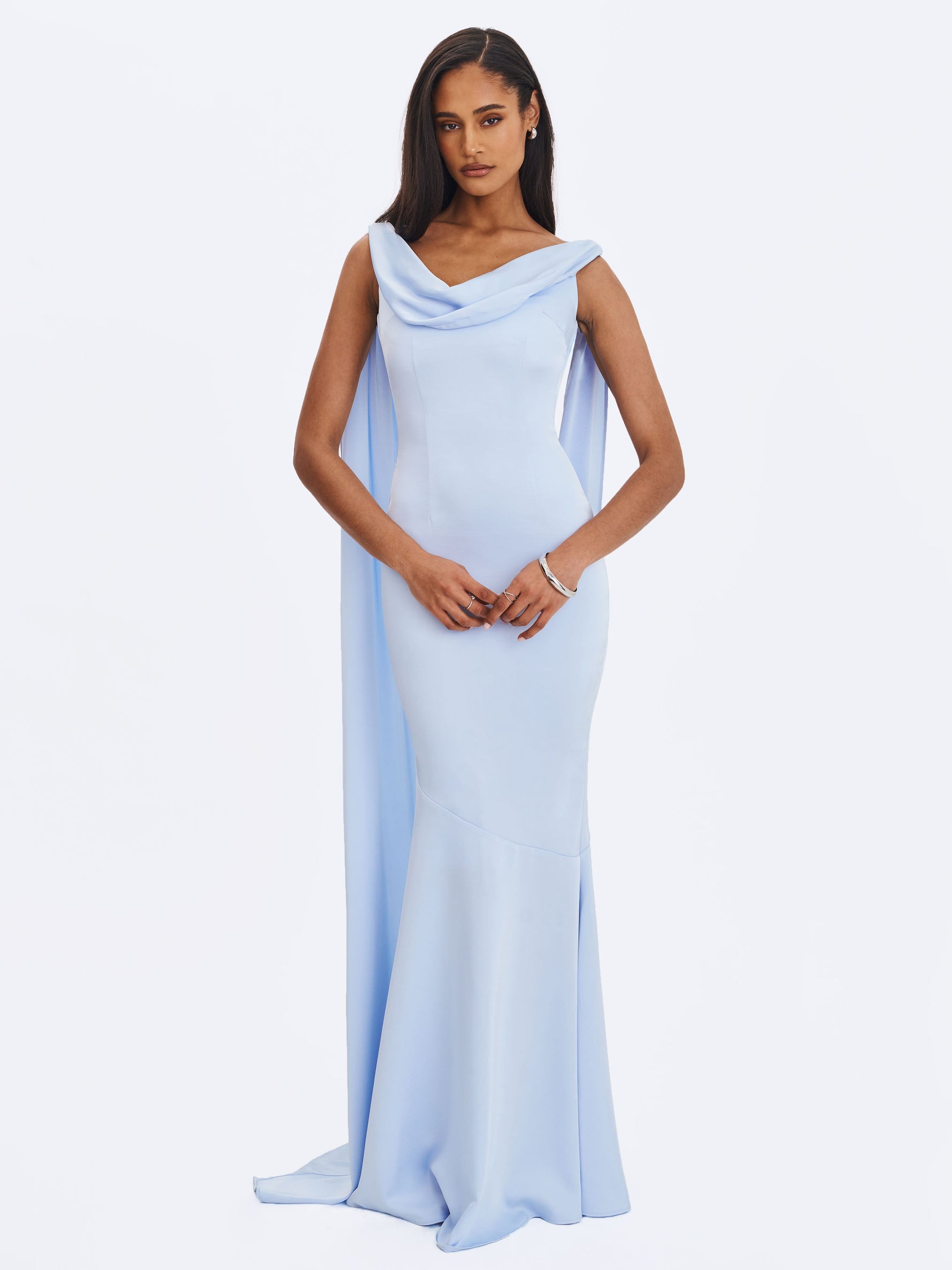 Eira Mist Blue Cowl Scarf-Detail Mermaid Maxi Dress