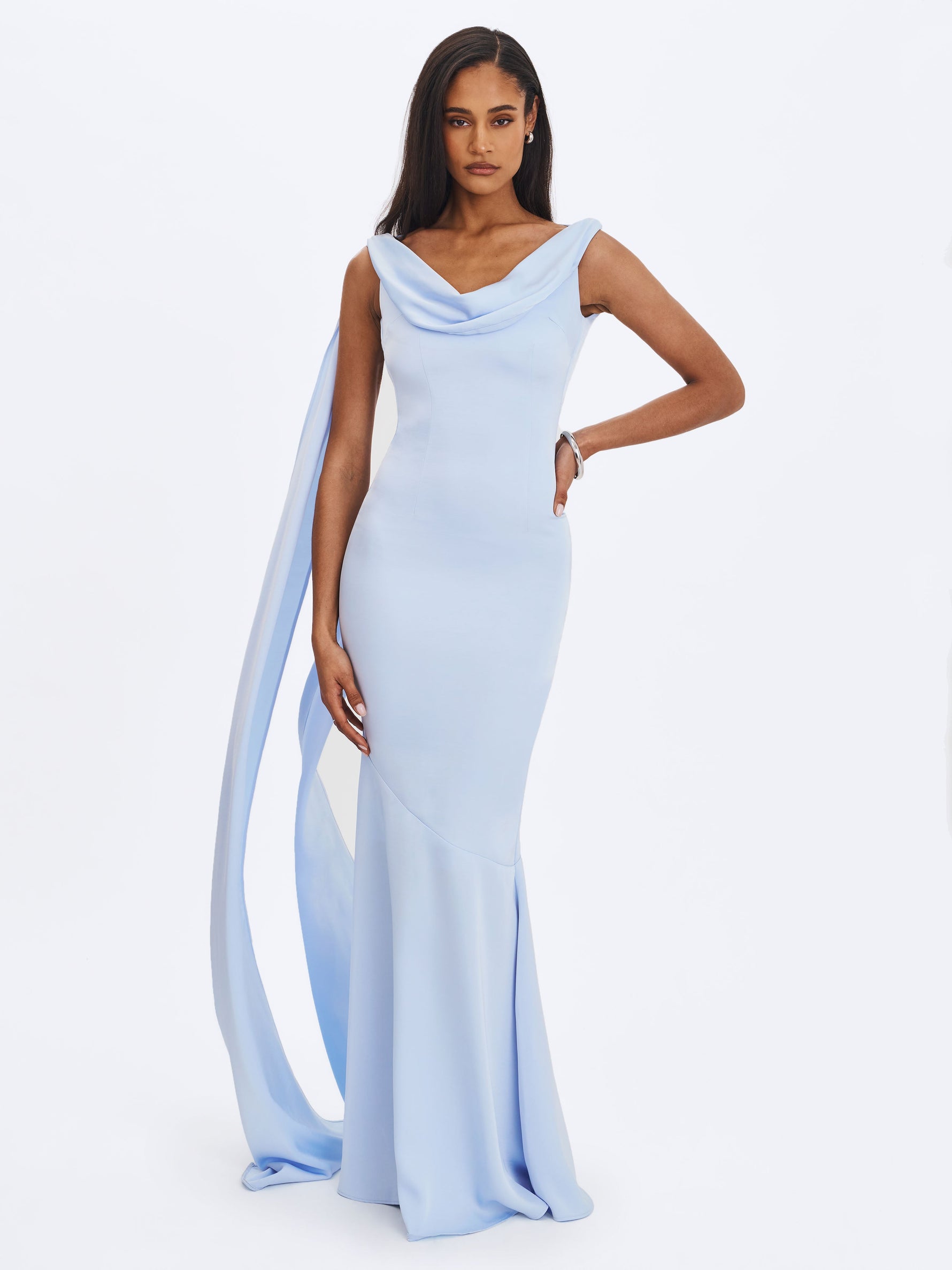 Eira Mist Blue Cowl Scarf-Detail Mermaid Maxi Dress