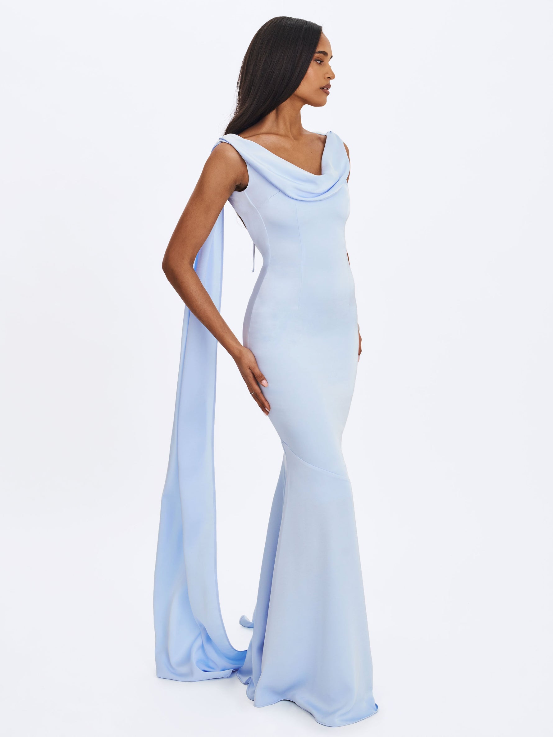 Eira Mist Blue Cowl Scarf-Detail Mermaid Maxi Dress
