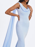 Eira Mist Blue Cowl Scarf-Detail Mermaid Maxi Dress