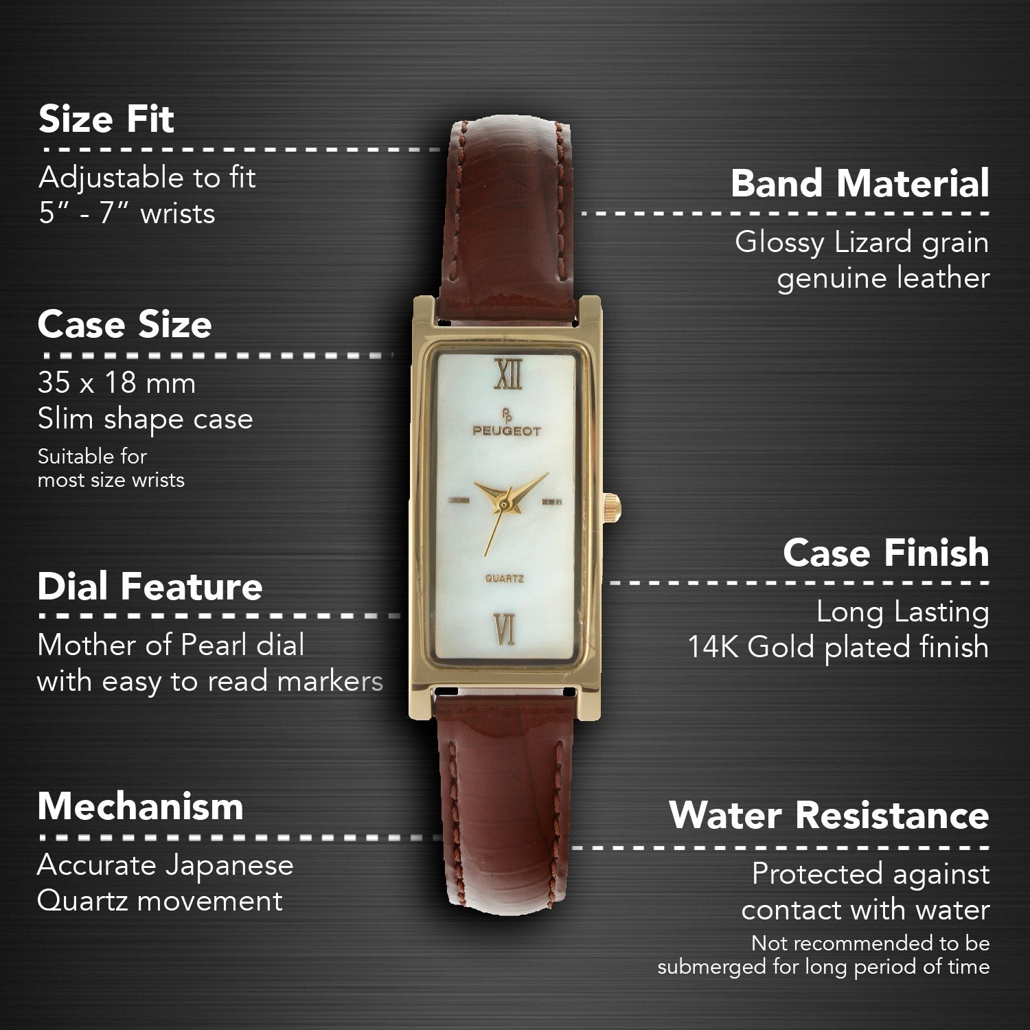 Women's 35x18mm Watch Glossy Brown Leather Strap Peugeot Watches