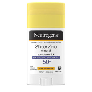 Neutrogena Sheer Zinc Oxide Mineral Sunscreen Stick With Vitamin E, Broad Spectrum SPF 50+ & UVA/UVB Protection, Water Resistant & Residue-Free Application, Paraben/Dye Free, 1.5 Oz