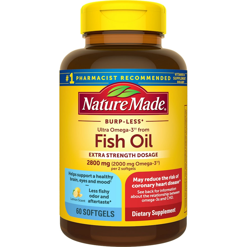 Nature Made Extra Strength Burp-Less Omega 3 Fish Oil 2800 Mg, Helps Support A Healthy Heart, Brain, Eyes, And Mood, 60 Softgels