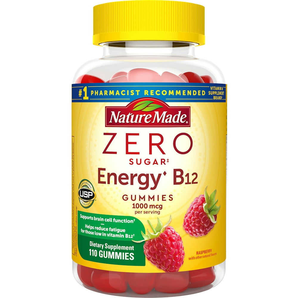 Nature Made Zero Sugar Energy Vitamin B12 Gummies Brain Support Raspberry
