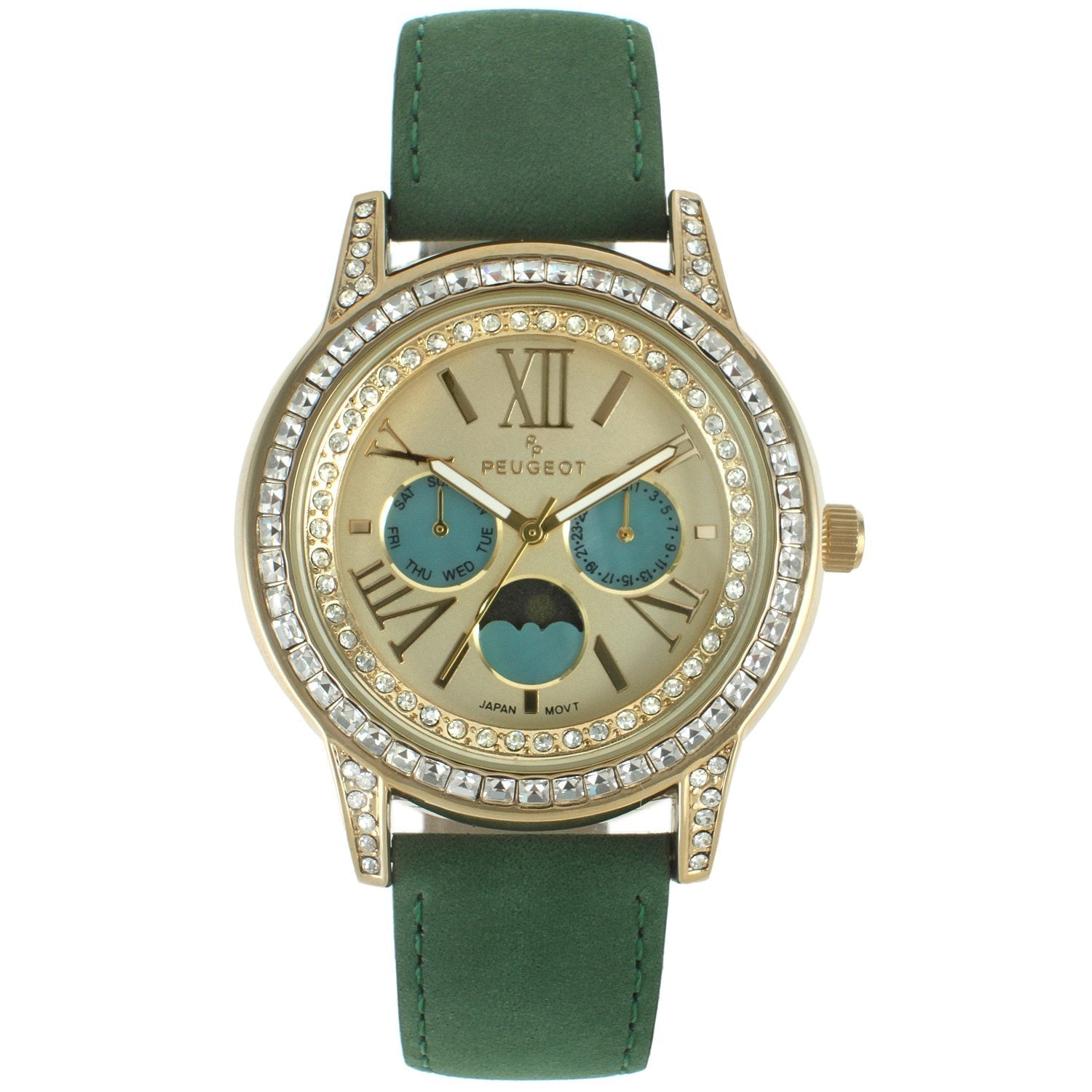 Women's 40mm Multi-Function Watch with Green Suede Strap Peugeot Watches
