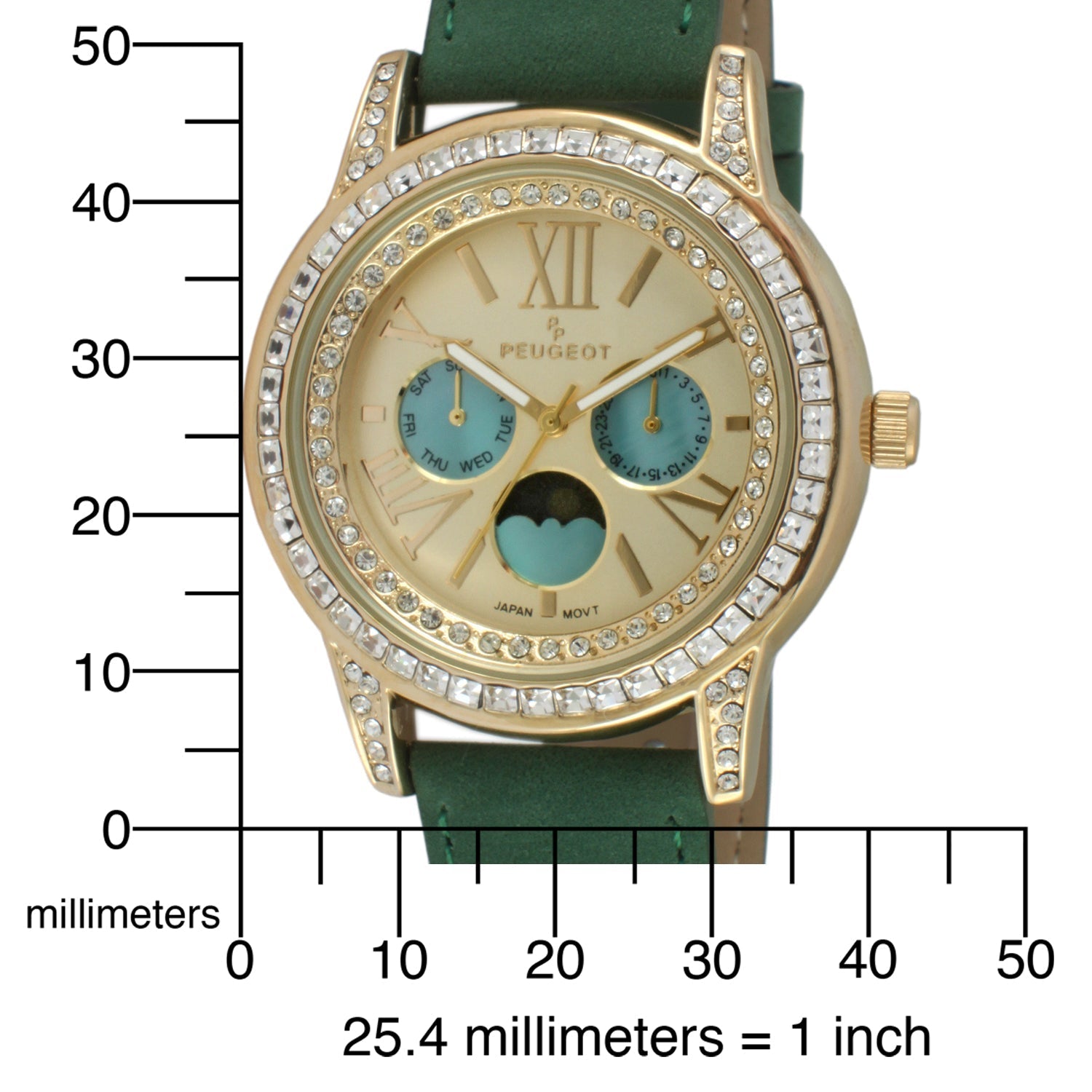 Women's 40mm Multi-Function Watch with Green Suede Strap Peugeot Watches