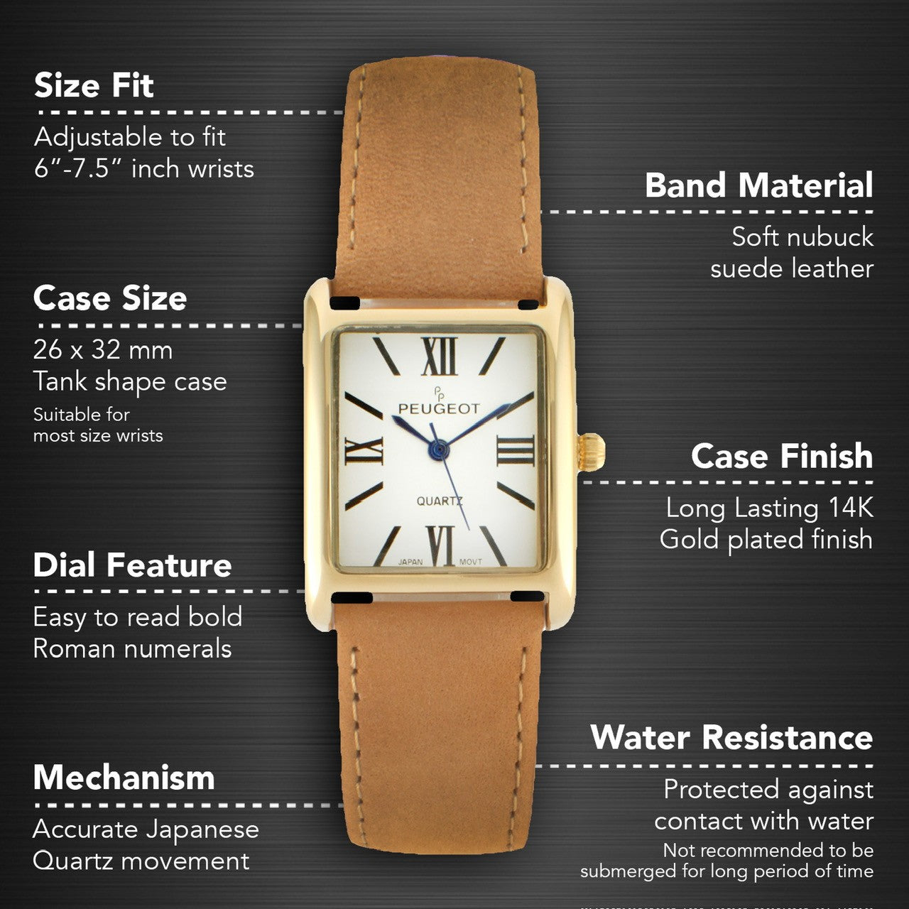 Women's Tank Watch Roman Dial Brown Suede Leather Strap Peugeot Watches