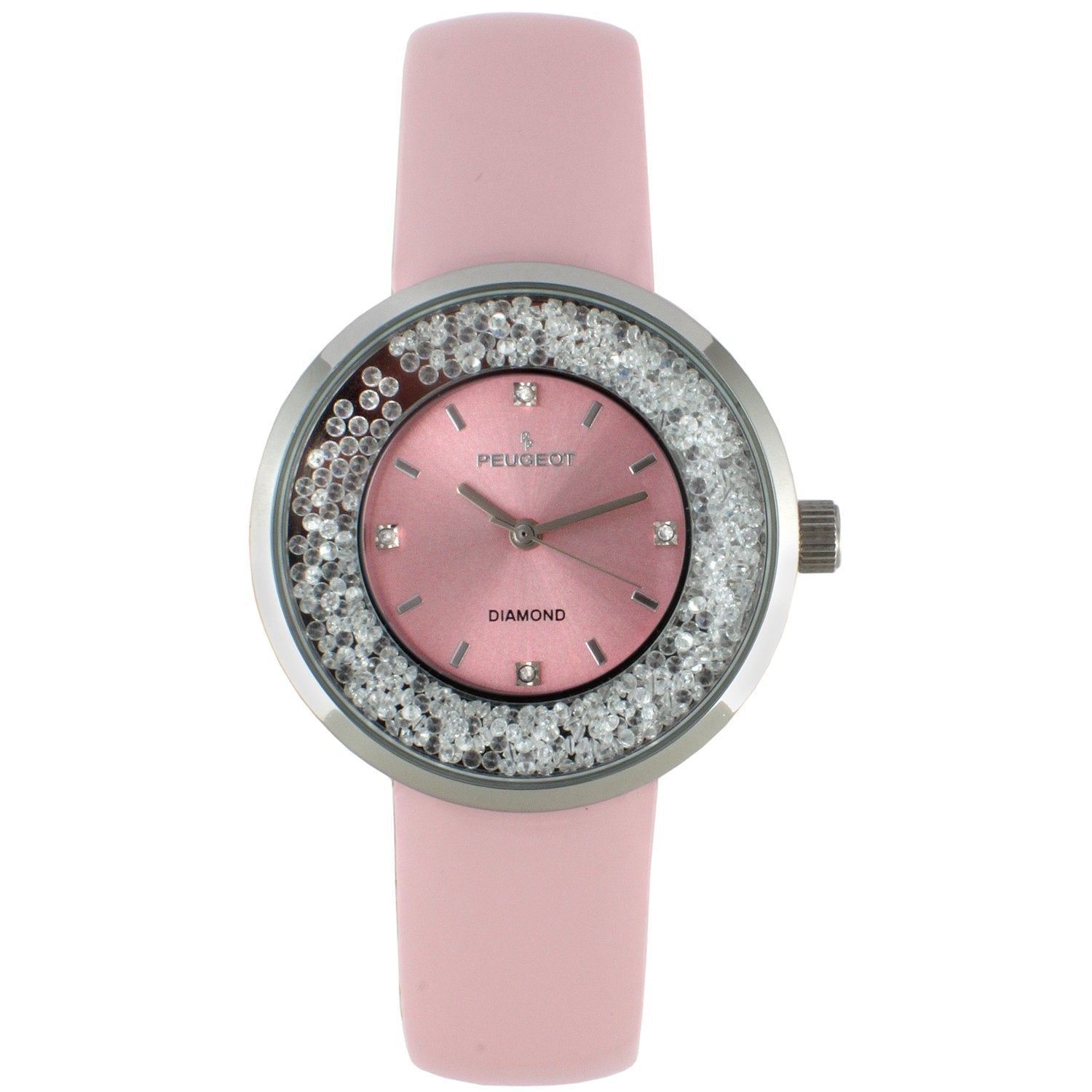 Women's SIlver 38mm Floating CZ Diamond Pink Dial Watch Peugeot Watches