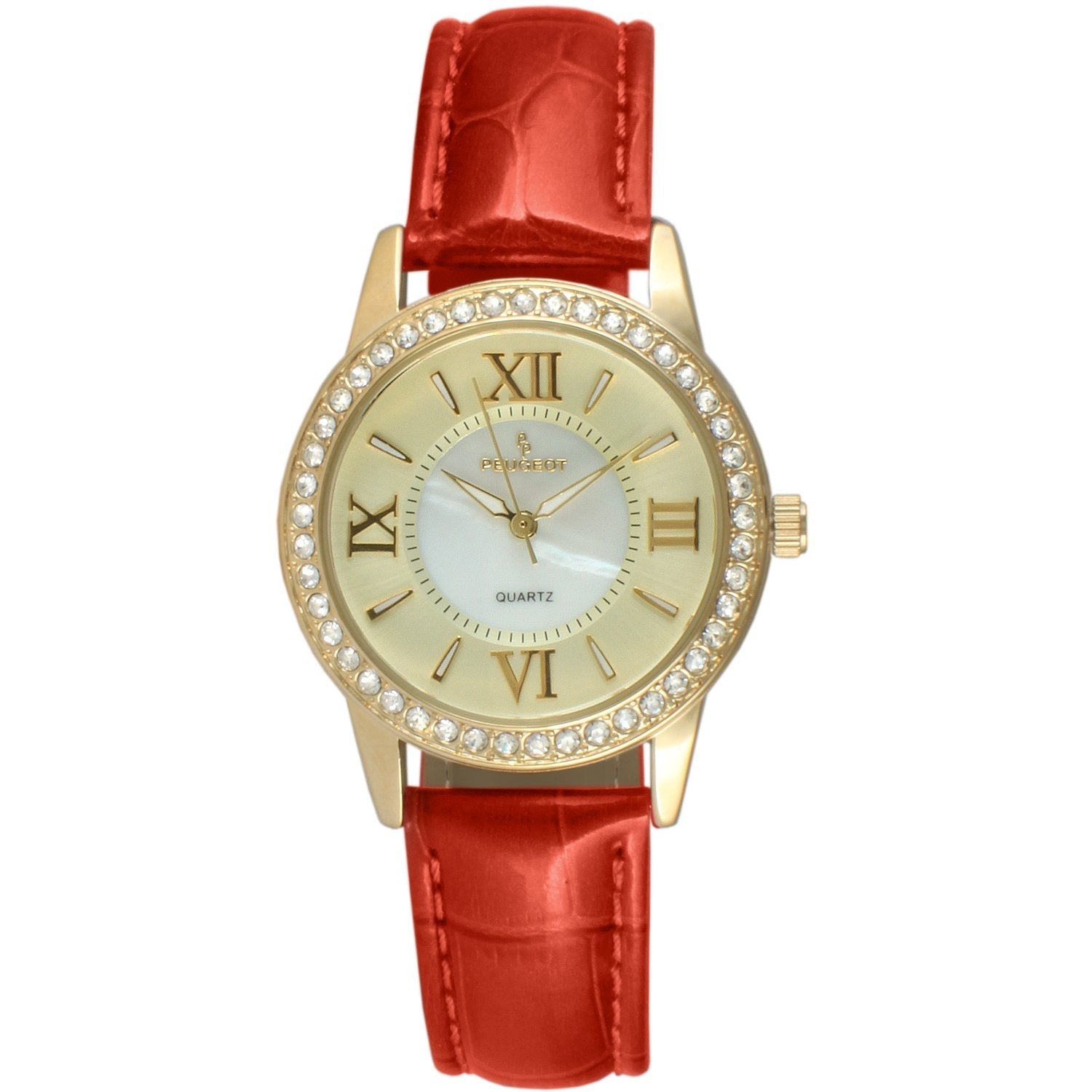 Women's Red Watch 34mm Crystal Bezel Leather Strap Peugeot Watches