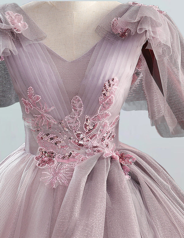 Women's Pink V-Neck Tulle Ball Gown | Evening Prom Bridesmaid Dress