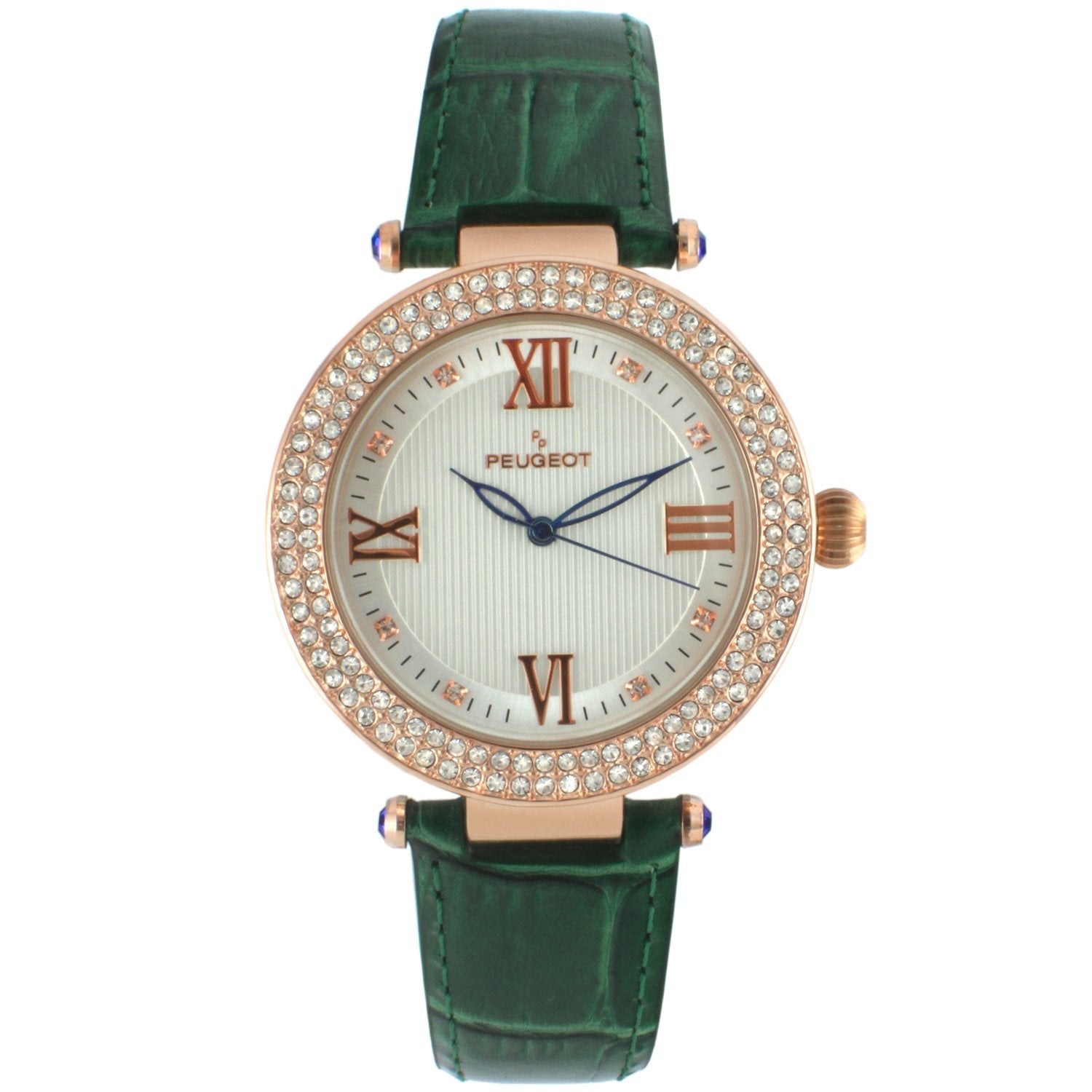 Women's 38mm Green Watch Crystal Bezel Leather Strap Peugeot Watches
