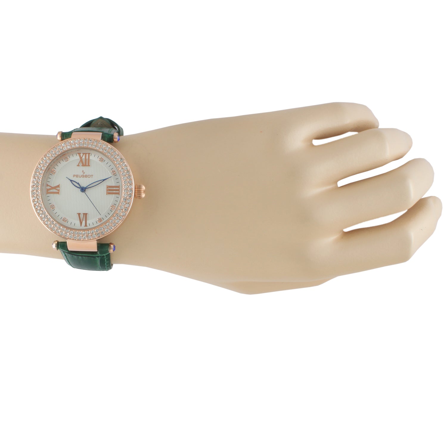 Women's 38mm Green Watch Crystal Bezel Leather Strap Peugeot Watches