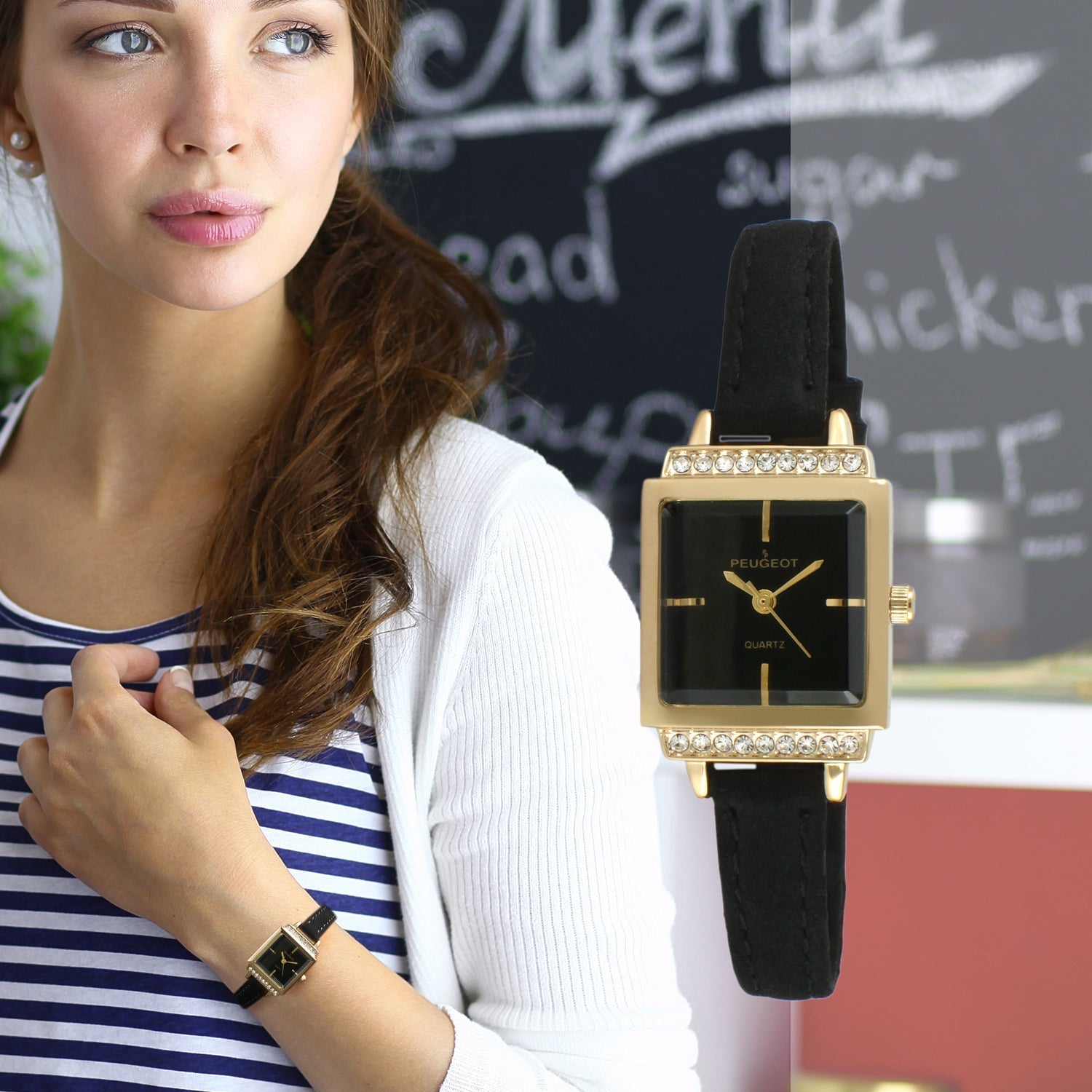 Women's 22mm Gold Crystal Watch With Black Dial &  Tan Strap Peugeot Watches
