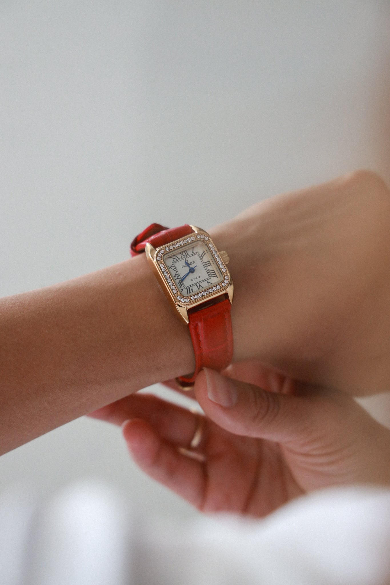 Women's 34x24mm Tank Watch with Crystal Bezel Red Leather Strap Peugeot Watches