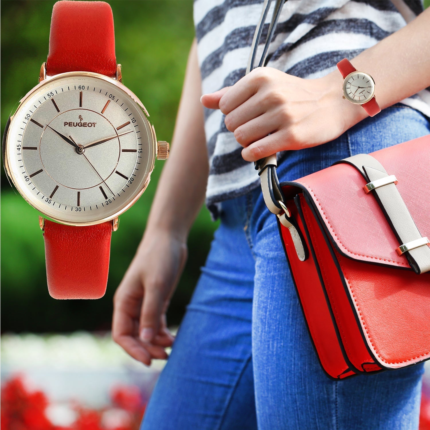 Women's 30mm Red Modern Calfskin Leather Strap Watch Peugeot Watches