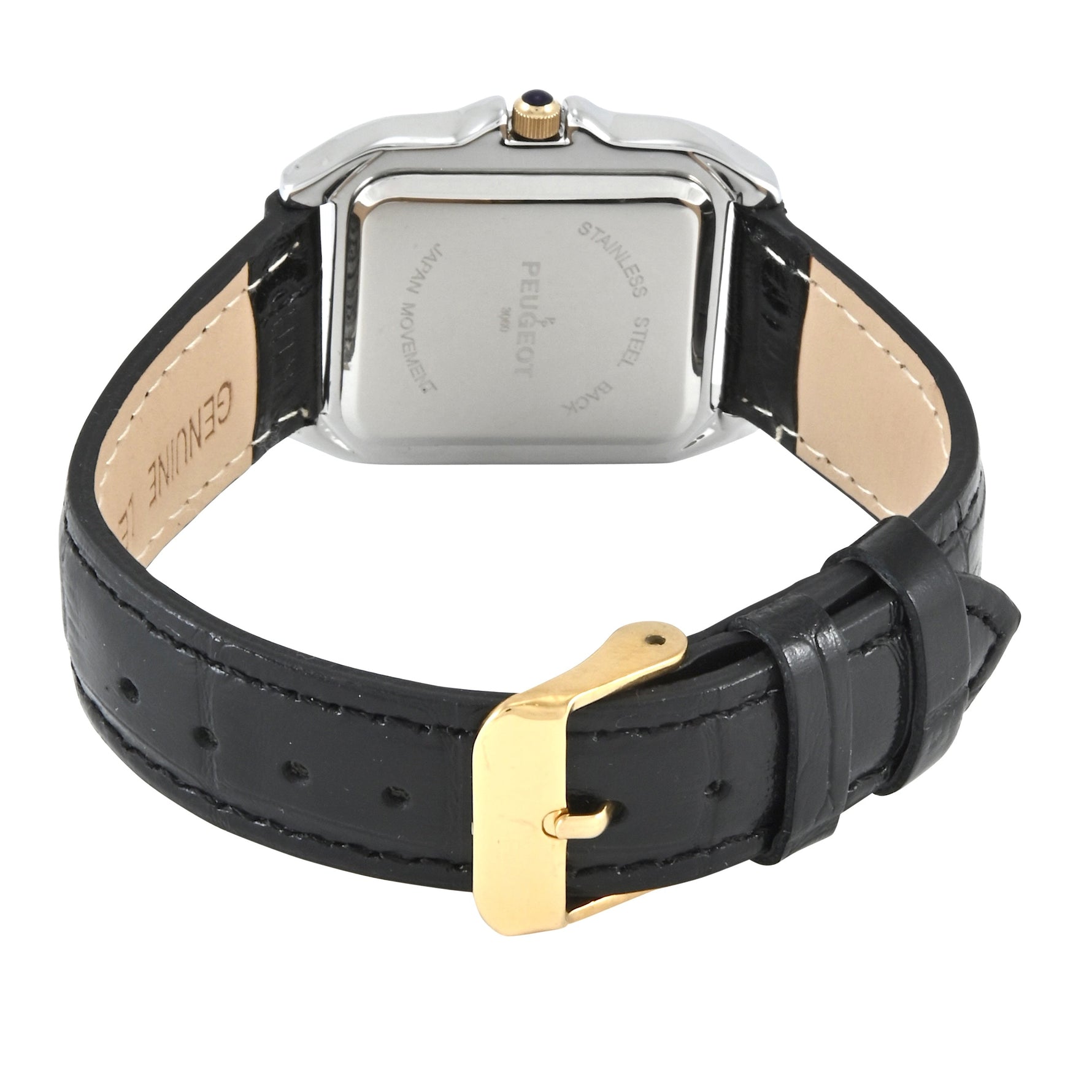 Women's Watch 36mm Square Tank Shape Black Leather Strap Watch Peugeot Watches