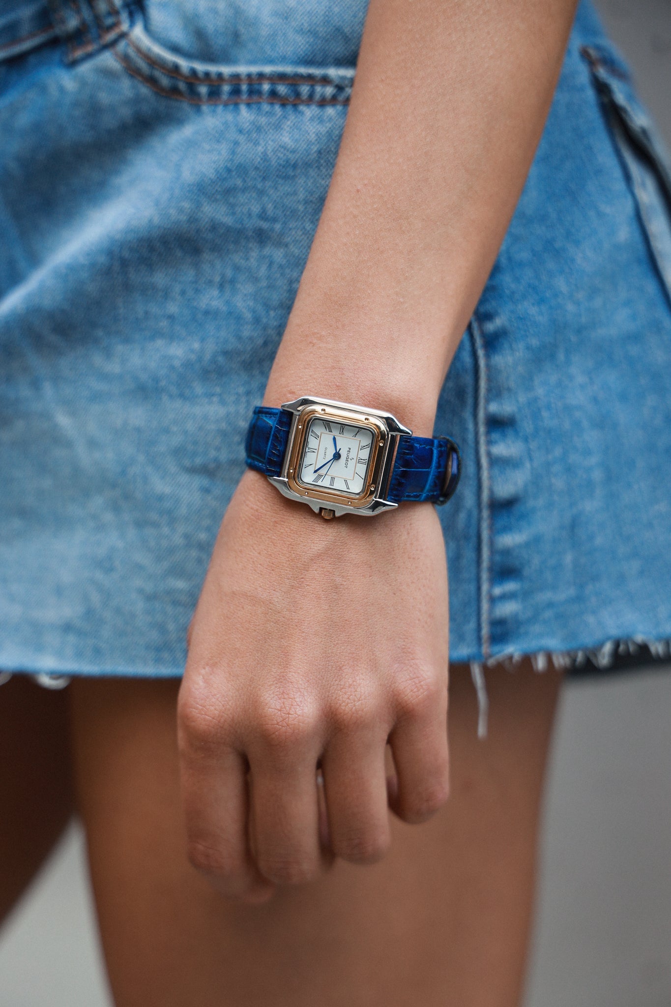 Women's Watch 36mm Square Tank Shape Blue Leather Strap Watch Peugeot Watches