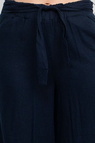 Land N Sea Elastic Mid Waist Tie Waist Wide Leg Linen Pant with Pockets - Glamourous Grace